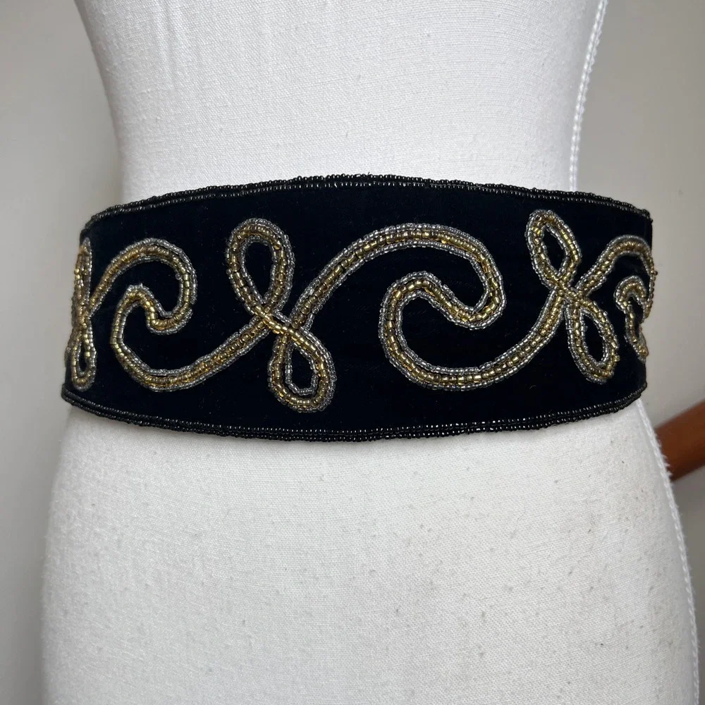 Vintage 90s Beaded Velvet Waist Belt Black Metallic Ornate Statement Chunky Wide